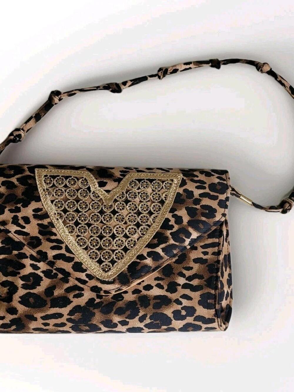 J. Renee Leopard Print Purse Shoulder Bag Gold Lace Rhinestones Rigid Pocketbook